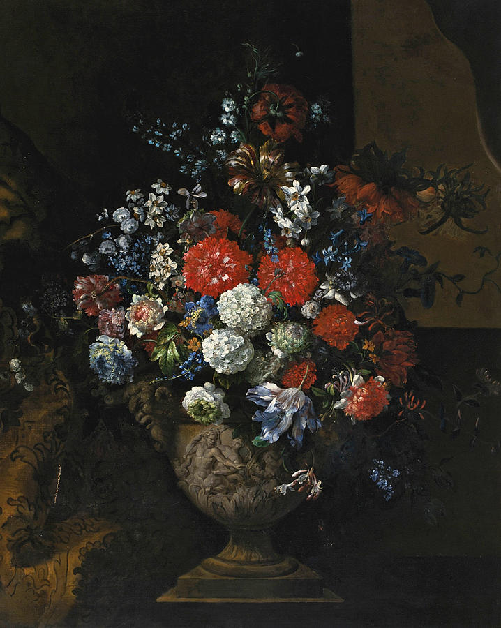 Still Life of Flowers including Tulips Roses Poppies and Viburnum in a sculpted Urn Painting by Jean-Baptiste Monnoyer