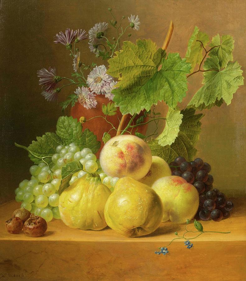 Still life of fruits with quinces and peaches on a stone Painting by MotionAge Designs