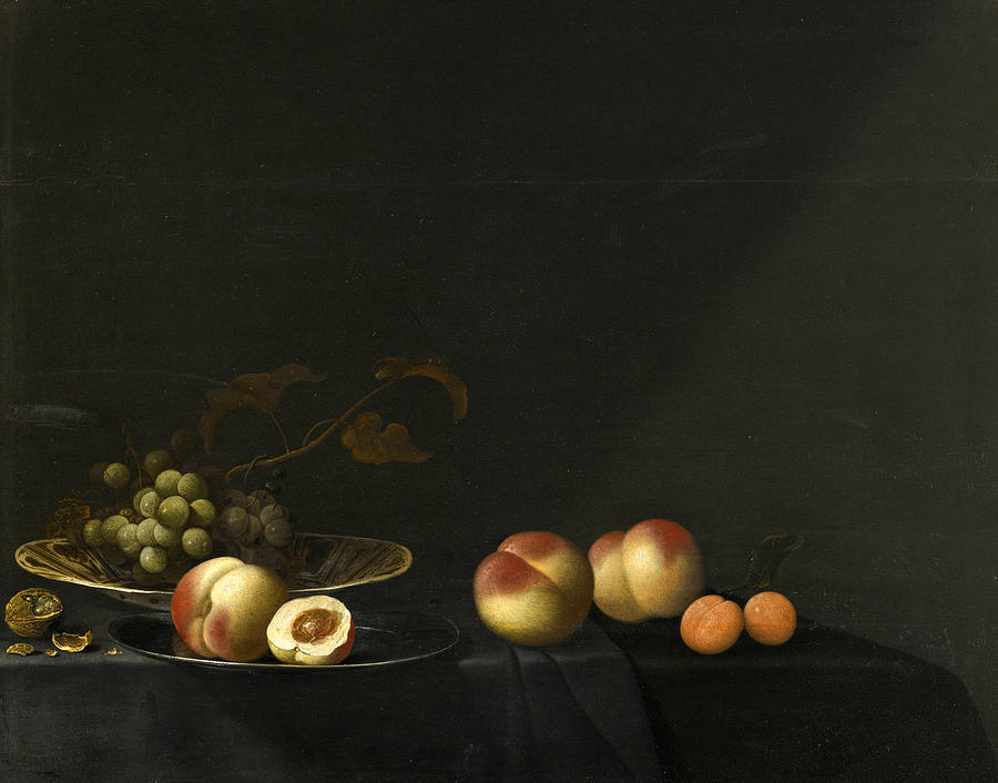 Still life of Grapes Peaches Apricots and Walnuts all upon a Table draped in a dark Fabric Painting by Evert van Aelst
