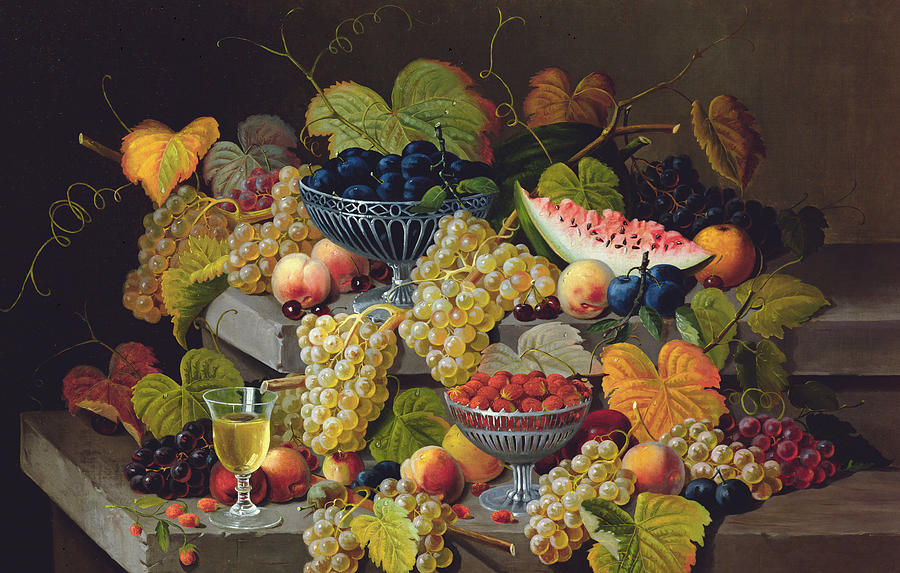 Severin Roesen Painting - Still Life of Melon Plums Grapes Cherries Strawberries on Stone Ledge by Severin Roesen