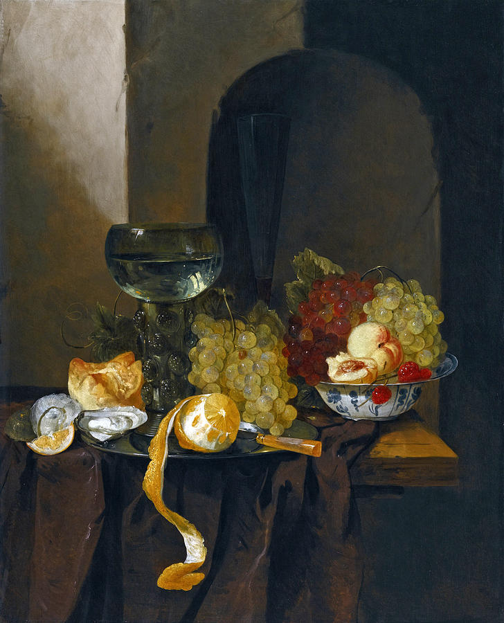 Still-life of Oysters Grapes Wine and other Fruits Painting by Jacques de Claeuw
