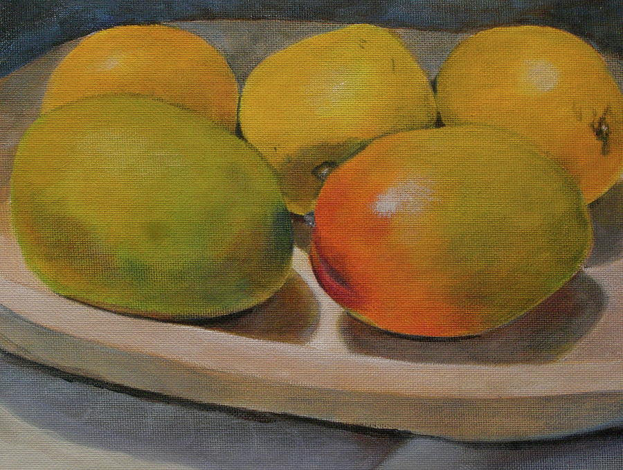 Still life of ripe mangos in a wooden bowl Painting by Walt Maes