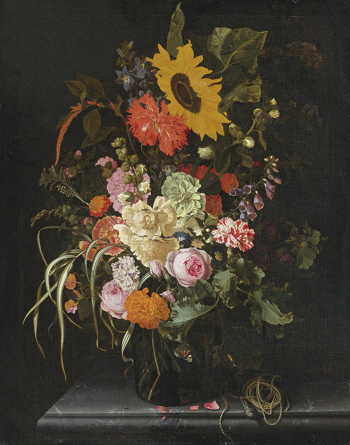 Still Life of Roses Carnations Marigolds and other flowers Painting by Maria van Oosterwijck