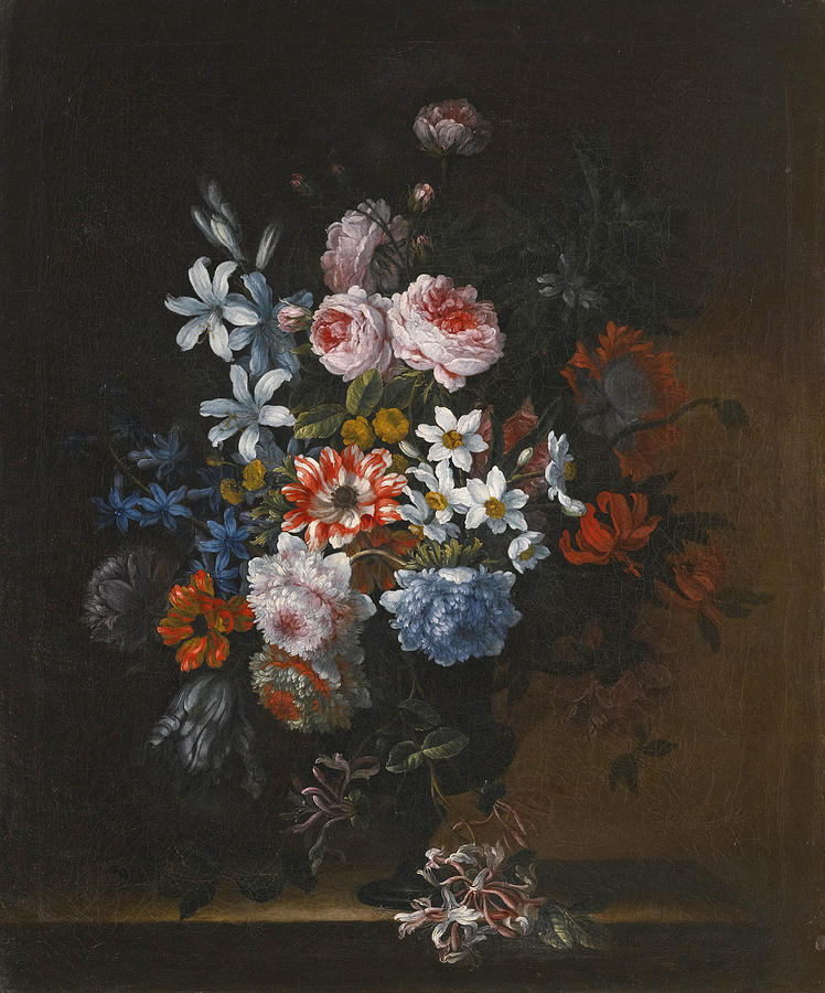 Still Life of Roses Honeysuckle Lillies Chrysanthemums Narcissi and other Flowers in a Vase Painting by Jean-Baptiste Monnoyer