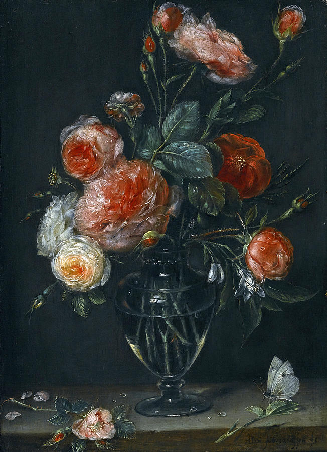 Still Life Of Roses In a Glass Jar On a Stone Ledge With a Butterfly  Painting by Alexander Adriaenssen