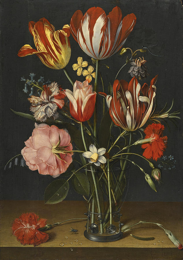 Still Life Of Tulips, Carnations, a Rose And Other Flowers In a Glass Beaker Painting by Jacob van Hulsdonck