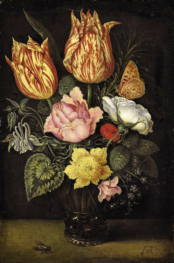 Still life of Tulips Wild Roses Cyclamen Yellow Ranunculus Forget-me-not and other Flowers in a Glas Painting by Ambrosius Bosschaert the Elder