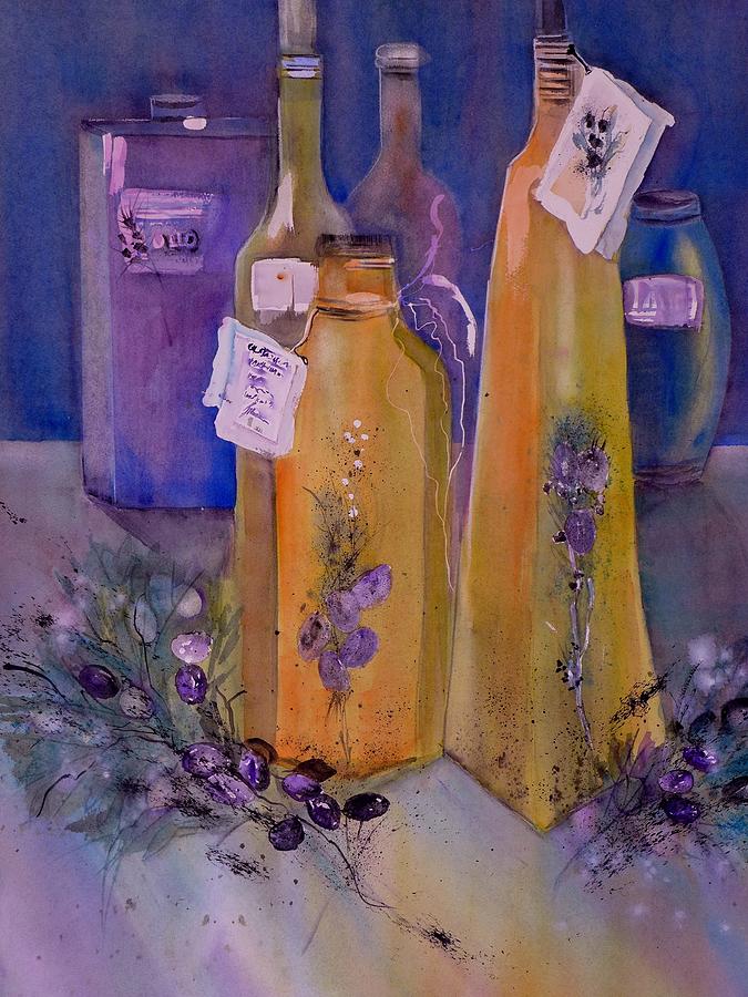 Still Life Olive Oil and Olive Twigs Painting by Sabina Von Arx