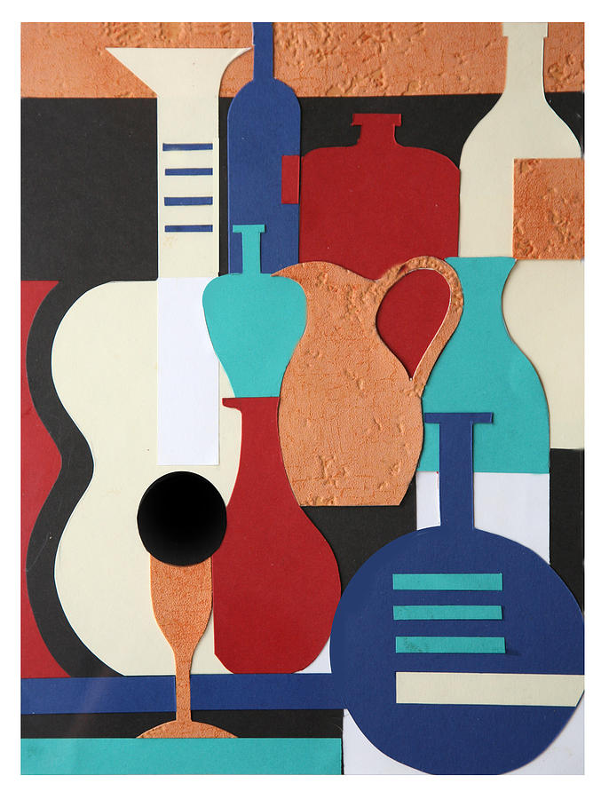 Still Life Paper Collage Of Wine Glasses Bottles And Musical Instruments Mixed Media
