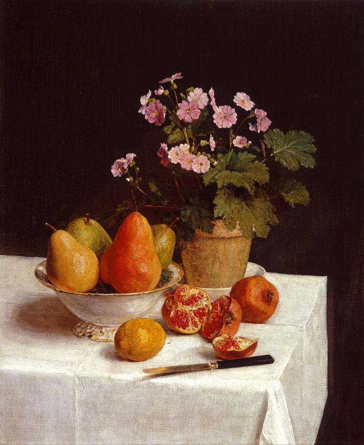 Henri Fantin-latour Painting - Still life primroses pears and pomegranates by Henri Fantin-Latour