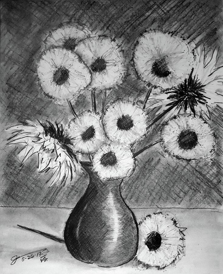 Still Life - Vase With 11 Sunflowers Drawing