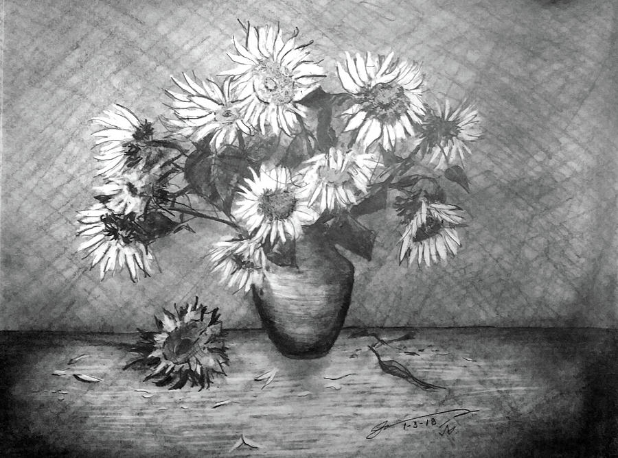 Still Life - Vase With 13 Sunflowers Drawing
