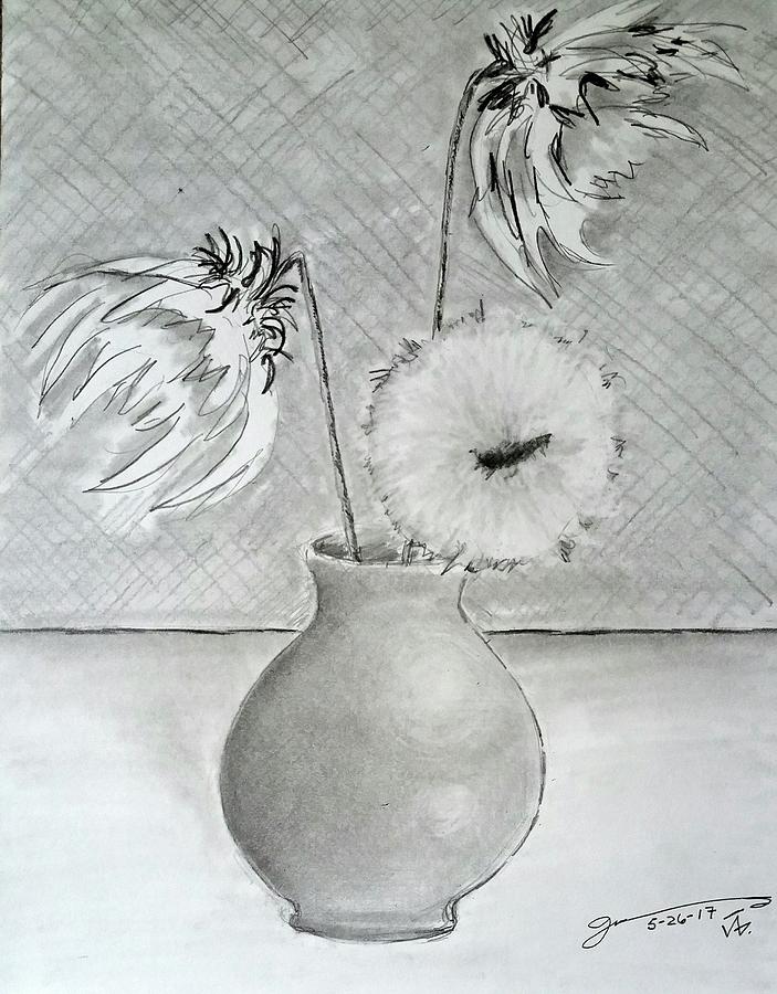 Still Life - Vase With Three Sunflowers Drawing