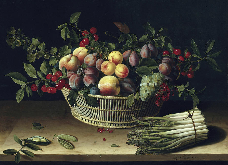 Still life with a basket of fruit and a bunch of asparagus Painting by Louise Moillon