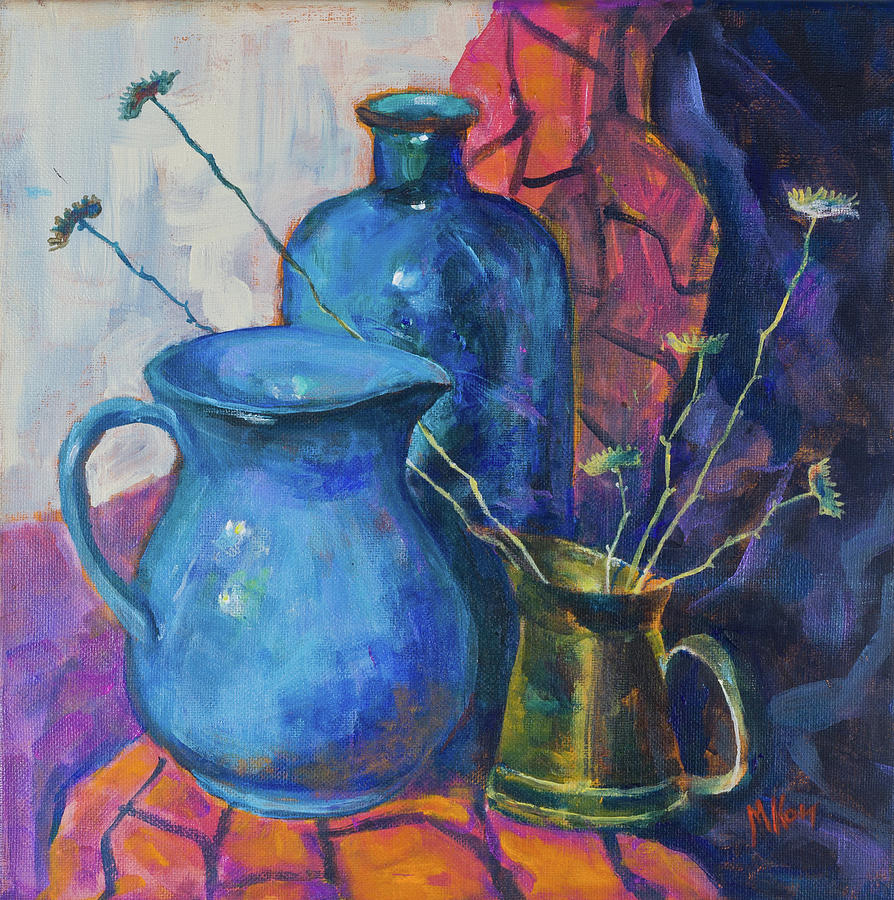 Still life with a blue bottle and the other subjects Painting by Maxim Komissarchik