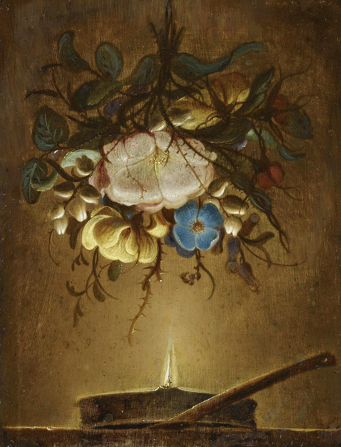 Still Life with a Bouquet of Flowers hanging above a Candle Painting by Evert van Aelst