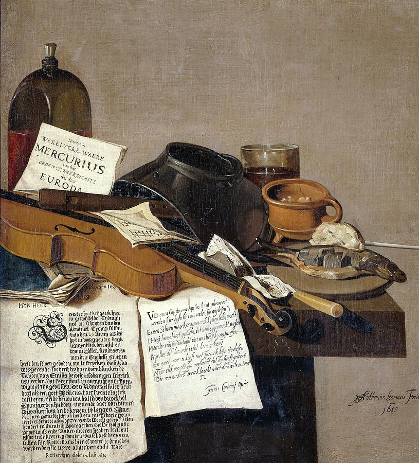 Still Life with a Copy of De Waere Mercurius a Broadsheet with the News of Tromps Victory over three Painting by Vintage Collectables