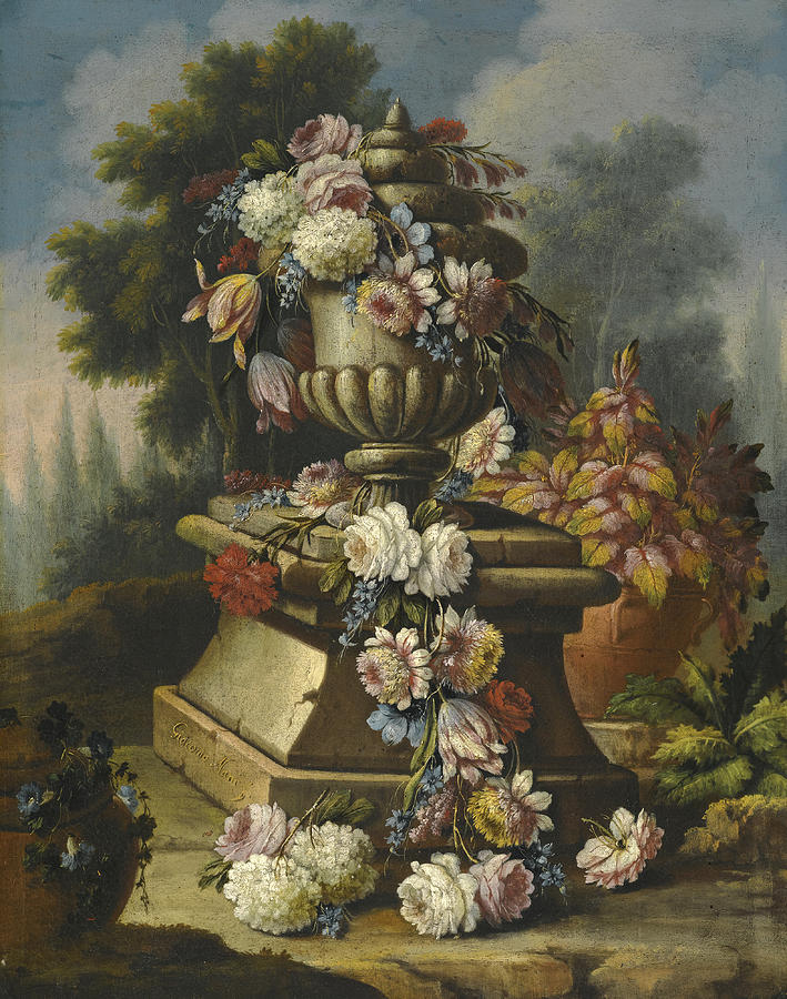 Still life with a garland of roses tulips carnations and other flowers draped around a stone urn in  Painting by Giacomo Nani