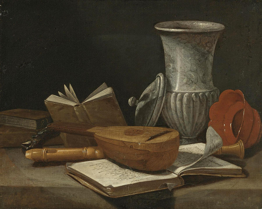 Cristoforo Munari Painting - Still life with a lute a recorder books a marble covered Vase and other objects resting on a table by Cristoforo Munari