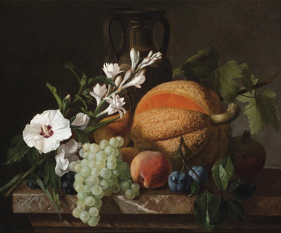 Still Life With A Melon Grapes And Flowers Painting by Celestial Images