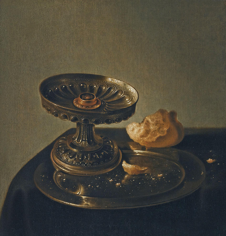 Still Life with a Tazza and Bread Roll on a Pewter Plate on a draped Ledge Painting by Jan den Uyl the Elder