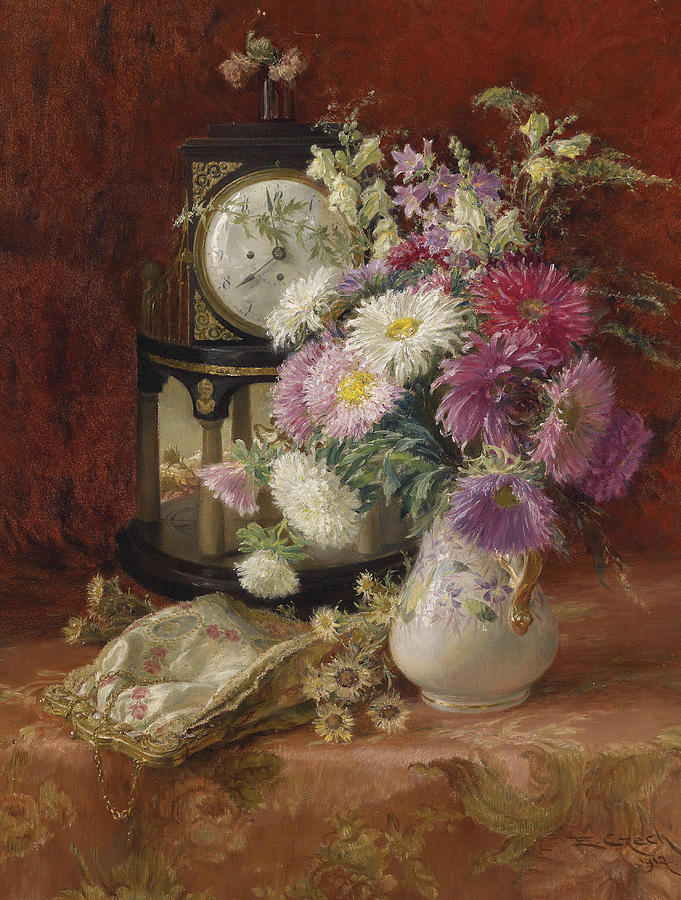 Still life with antique clock Painting by Emil Czech