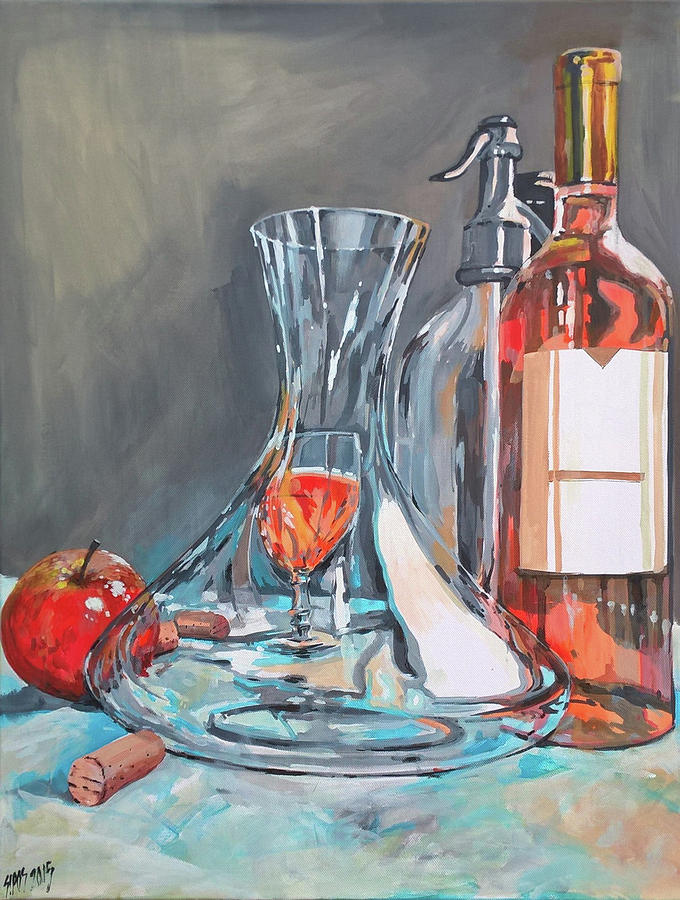 Still life with apple and rose wine. Painting by Lorand Sipos