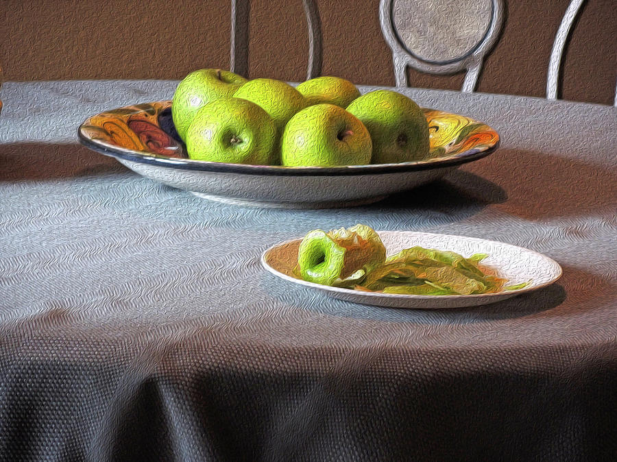 Still Life with Apples and Chair Mixed Media by Lynda Lehmann