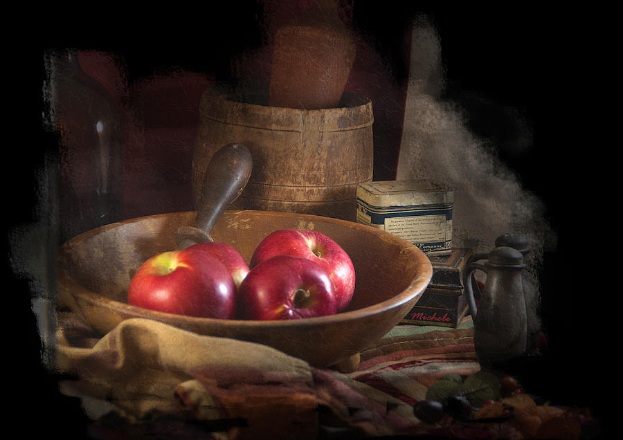 Still Life with Apples, Antique Bowl, Barrel and Shakers. Photograph by Michele A Loftus