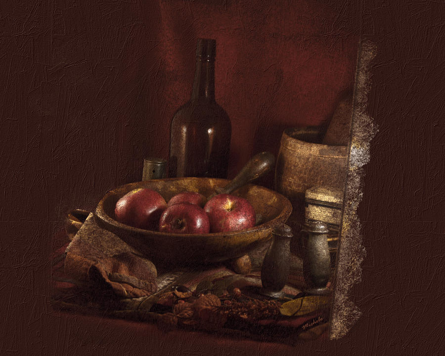 Still life with apples, bottles, baskets and shakers. Photograph by Michele A Loftus