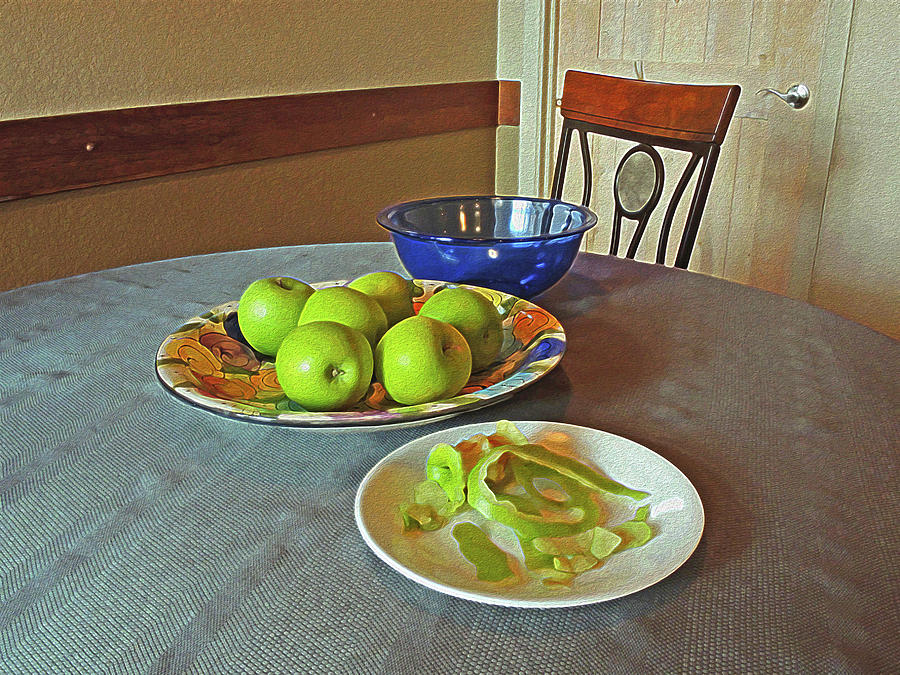 Still Life with Apples Peels and Chair 3 Mixed Media by Lynda Lehmann