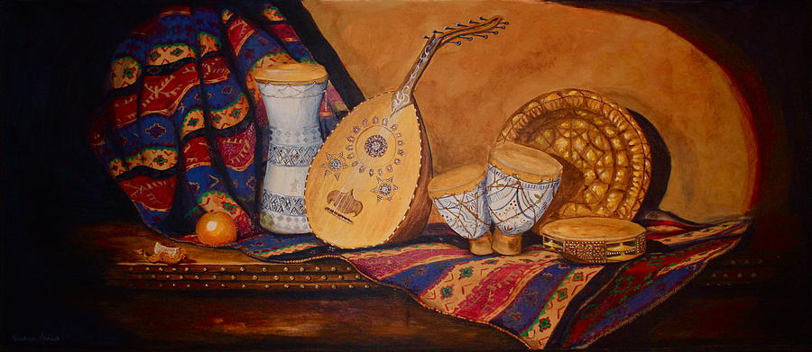 Still Life with Arabian Oud Painting by Yvonne Ayoub