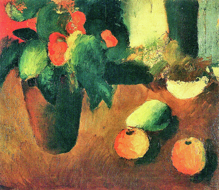 Still Life with begonia, apples and pear by August Macke Painting by ...