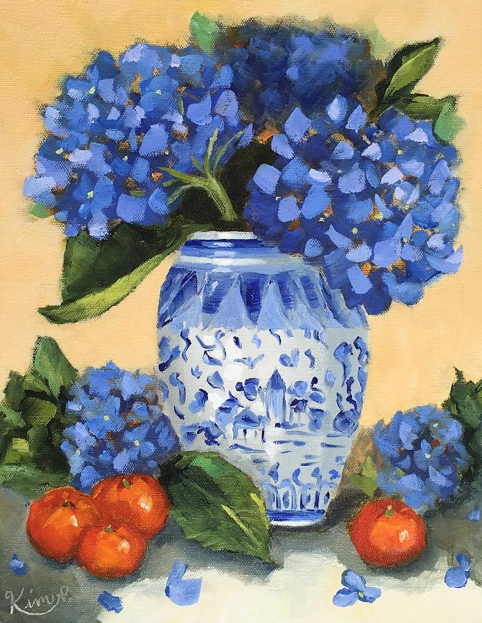 Fruit Painting - Still Life with Blue Hydrangeas and Clementines Blue and White Vase by Kim Peterson