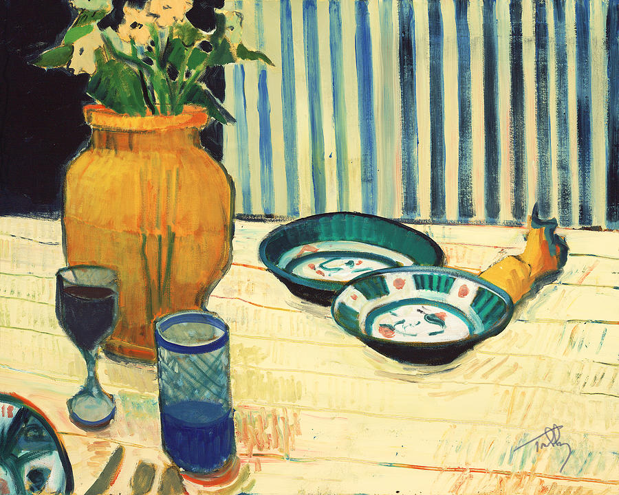 Still Life with Blue Stripes Painting by Thomas Tribby