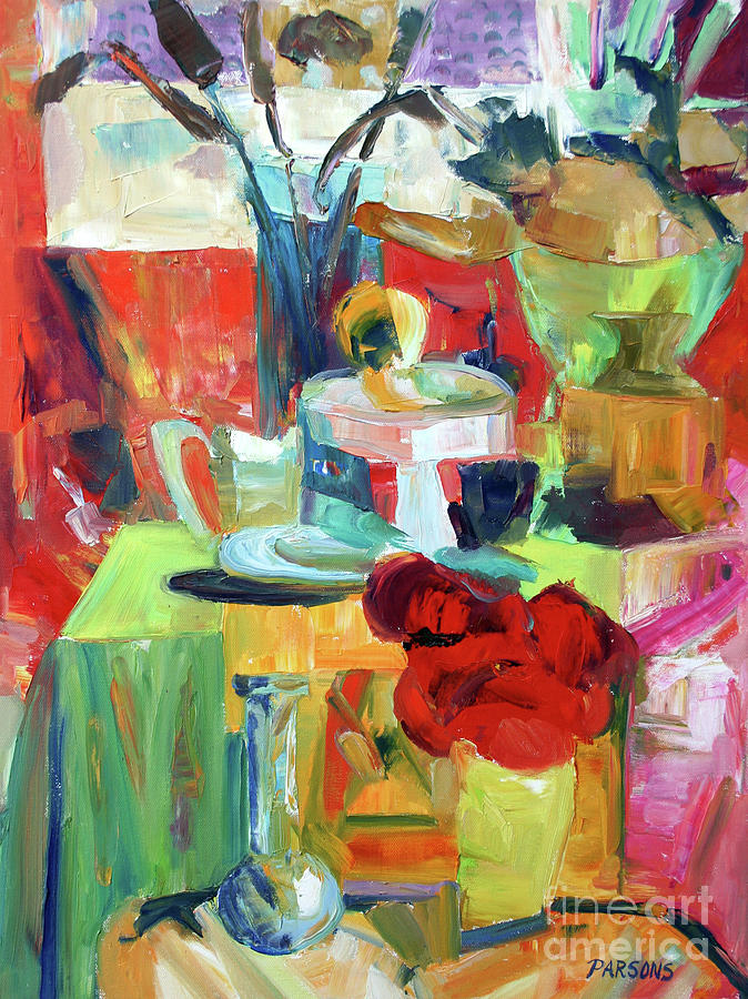 Still life with blue vase Painting by Pamela Parsons