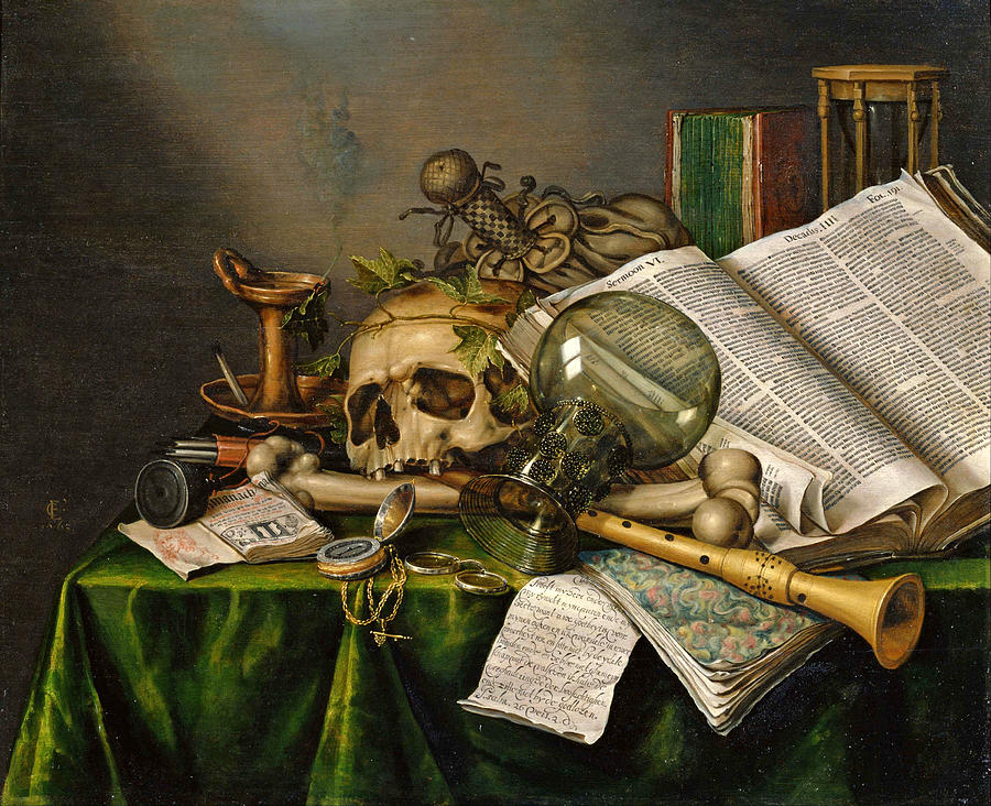 Still Life with Books and Manuscripts and a Skull Painting by Evert Collier