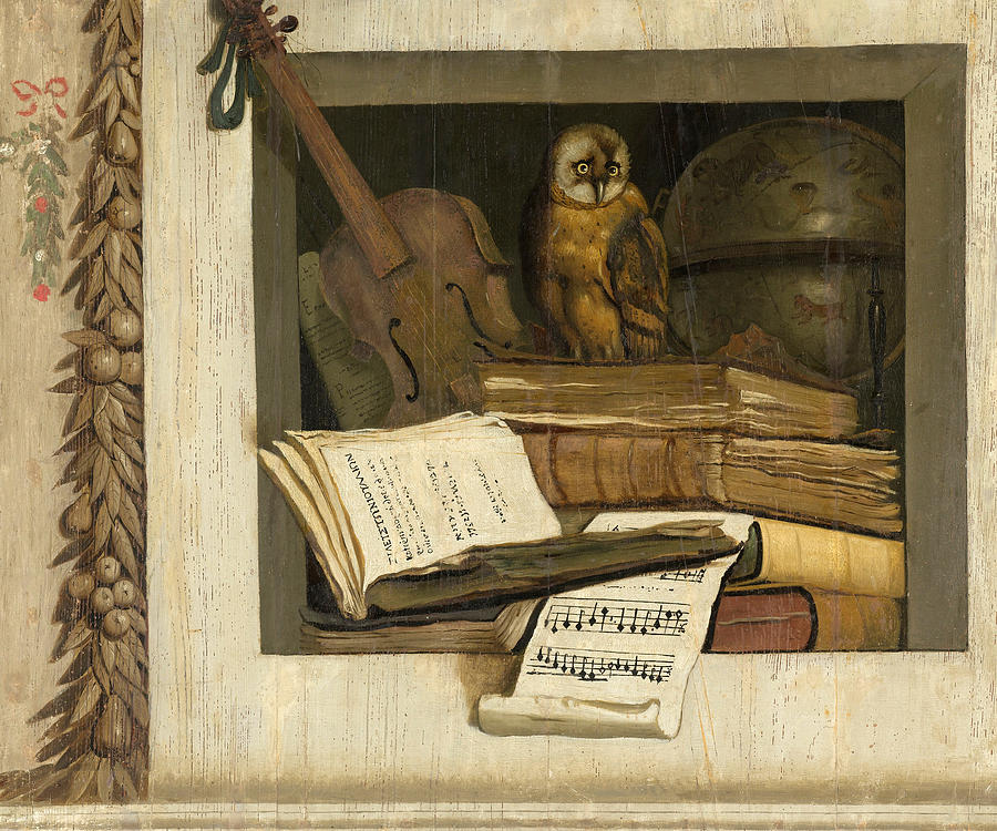 Jacob Van Campen Painting - Still Life with Books Sheet Music Violin Celestial Globe and an Owl by Jacob van Campen