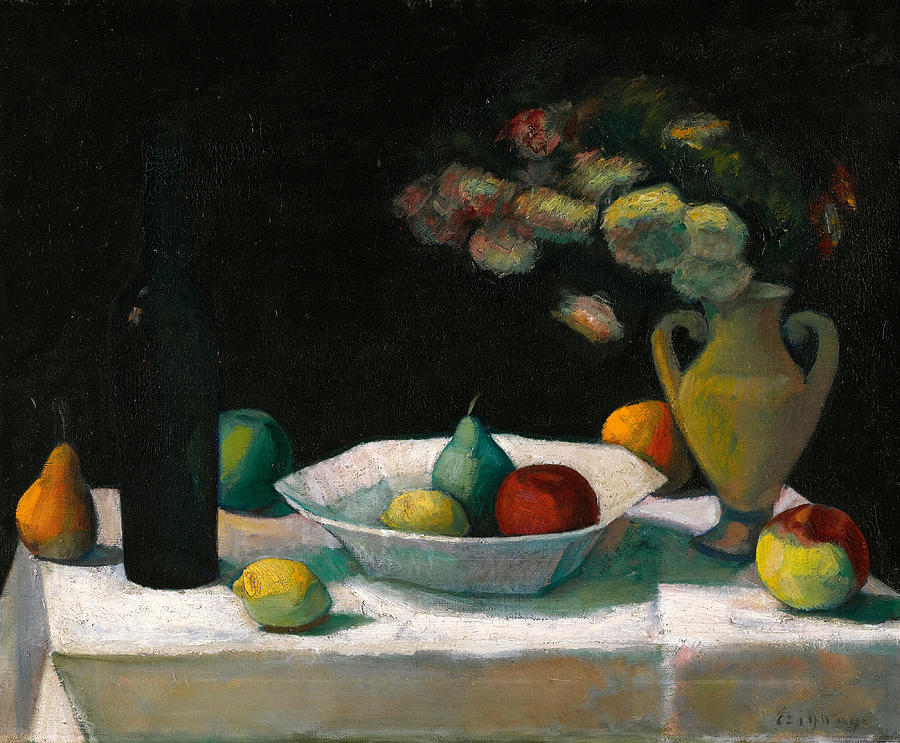 Still life with bottle and fruit Painting by Dezso Czigany | Fine Art ...