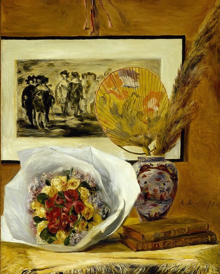 Still Life with Bouquet and Fan Painting by Pierre-Auguste Renoir
