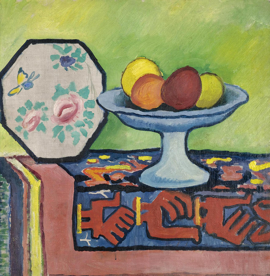 Still-Life with Bowl of Apples and Japanese Fan Painting by August Macke