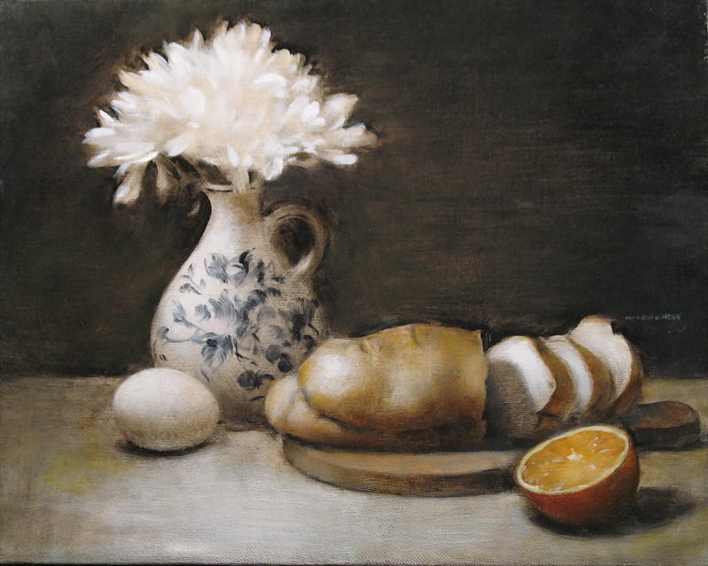 Still Life Painting - Still Life with Bread Orange and Flowers by Matthew Kinsey