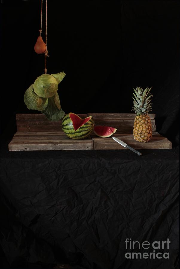 Still Life With Cabbage Pear Melon And Pineapple Photograph