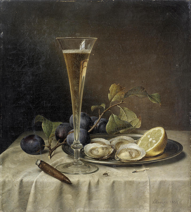 Wine Painting - Still life with champagne and oysters by Johann Wilhelm Preyer