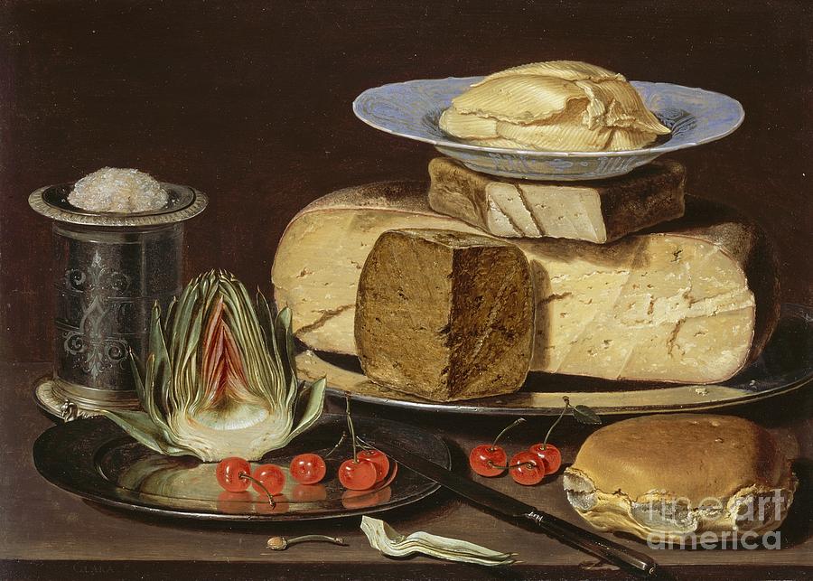 Still Life with Cheeses Artichoke and Cherries Painting by Celestial Images