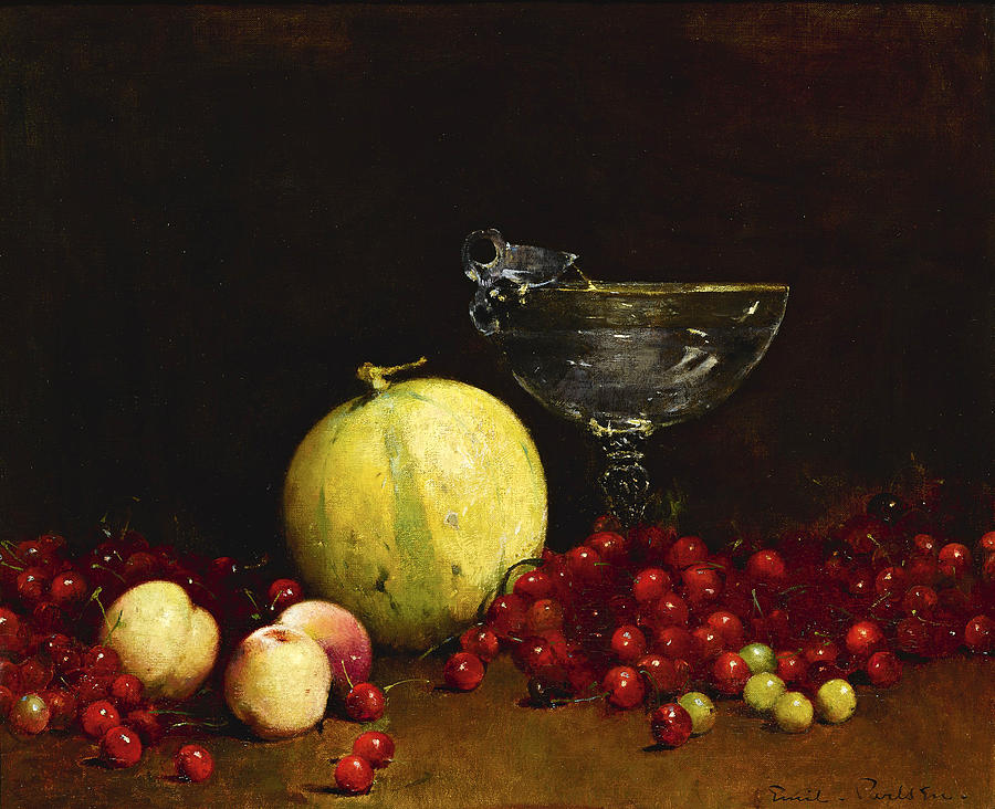 Still life with cherries and nectarines Painting by Emil Carlsen