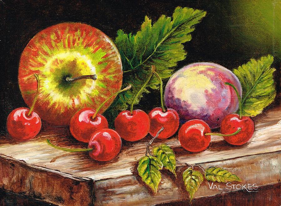 Still life with cherries Painting by Val Stokes