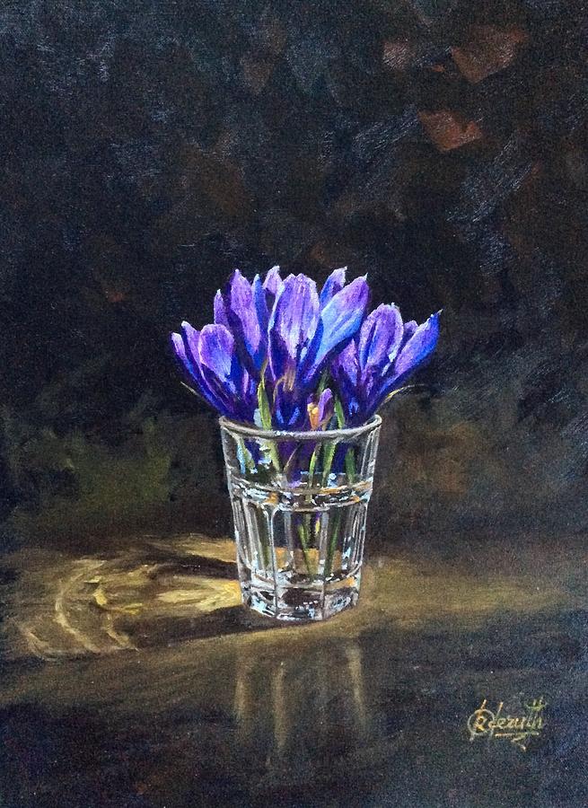Still life with crocus in glass Painting by Raouf Oderuth