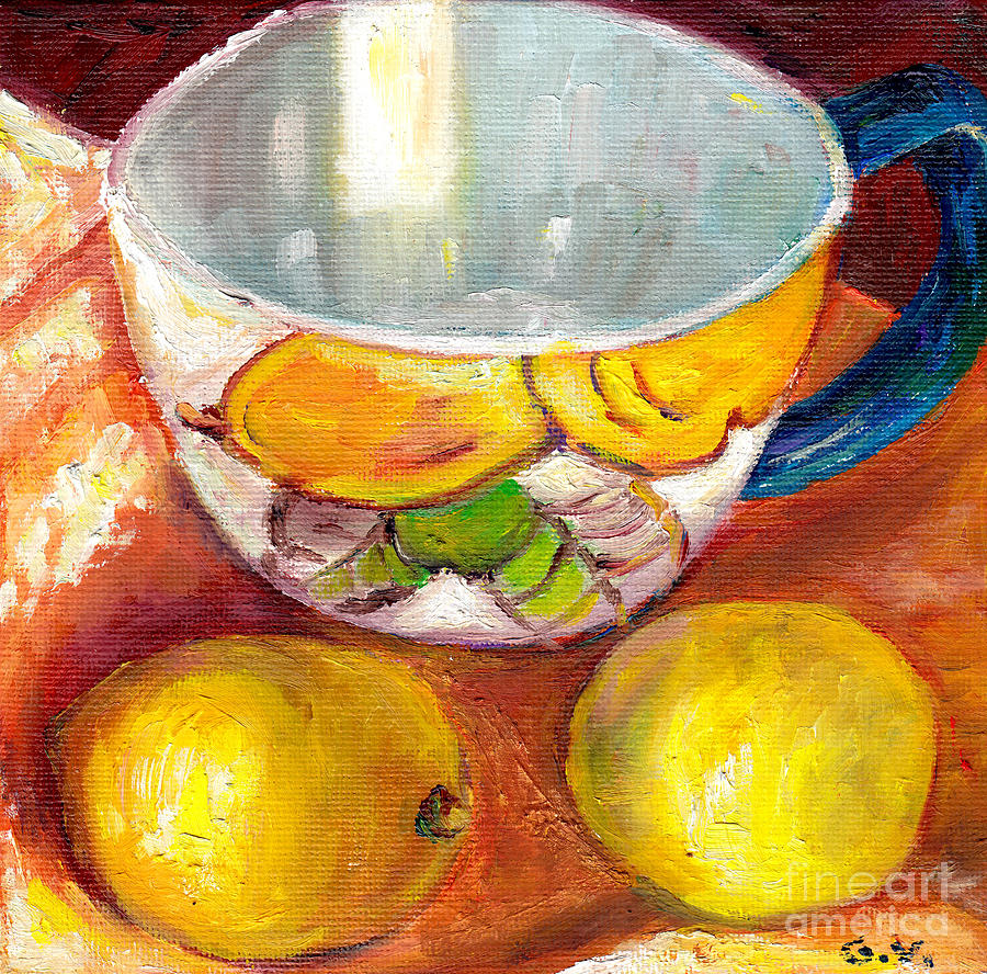 Still Life With Cup And Two Lemons Painting For Sale By Grace Venditti Painting by Grace Venditti