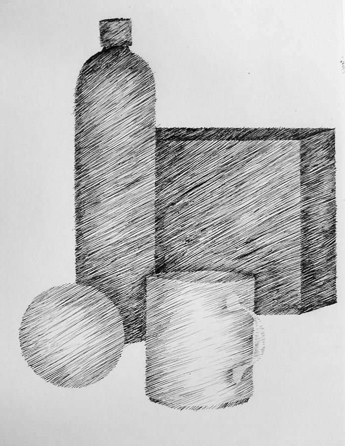 Still Life with Cup Bottle and Shapes Drawing by Michelle Calkins